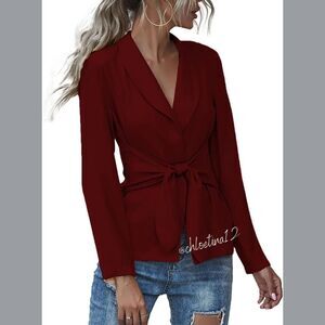 Women's V Neck Blazer Jacket Self Tie Knot Burgundy or Choose Color